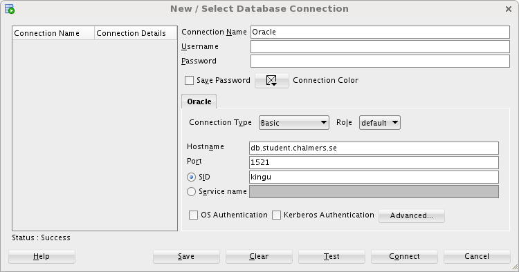 Database connection dialog box