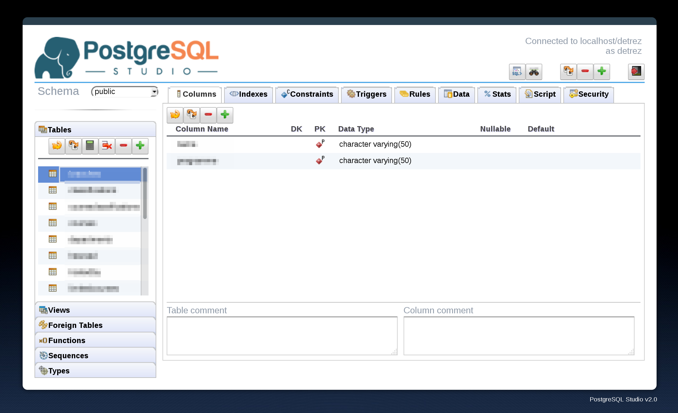 PostgreSQL Studio main interface
