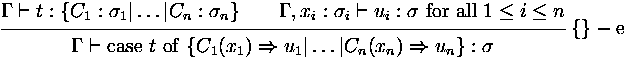 $\displaystyle
\rux {\Gamma\vdash t: \{ C_1 : \sigma_1 \vert \dots \vert C_n : \...
 ...ghtarrow u_1 \vert \dots \vert C_n(x_n)\Rightarrow u_n \}
 : \sigma}
 {\{\}-e}
$