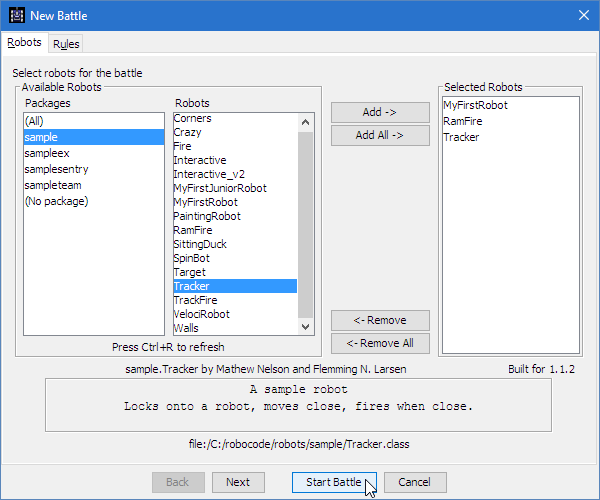 Shows the New Battle dialog where the user can select which robots to add to a new battle