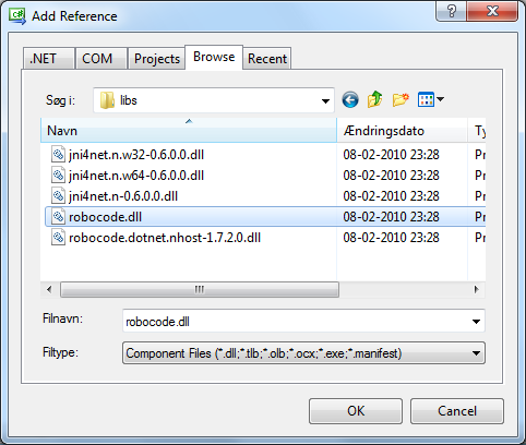 Screenshot that shows the Add Reference dialog where we browse into the 'libs' folder of the Robocode home directory and select the 'robocode.dll'